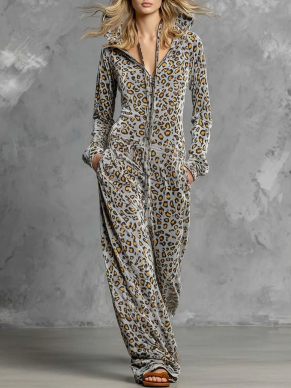 Leopard Zip-Front Hooded Jumpsuit